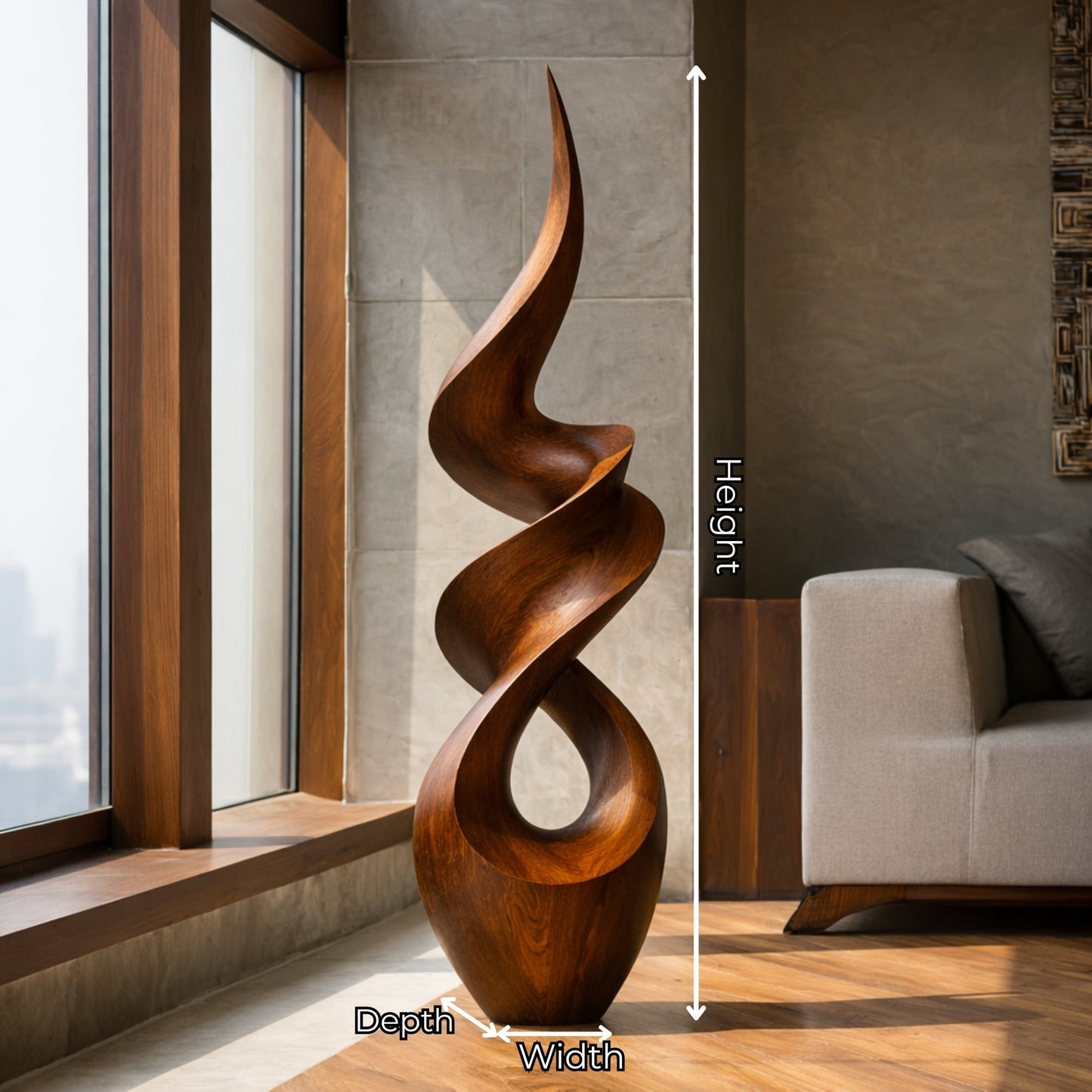 Abstract Twisted Solid Wood Sculpture Handcarved Modern Wooden Floor Art