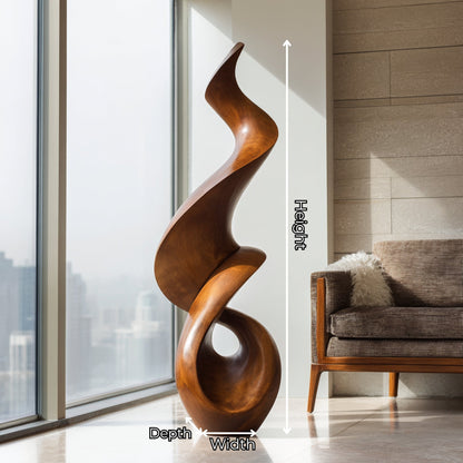 Abstract Twisted Solid Wood Sculpture Handcarved Modern Wooden Floor Statue