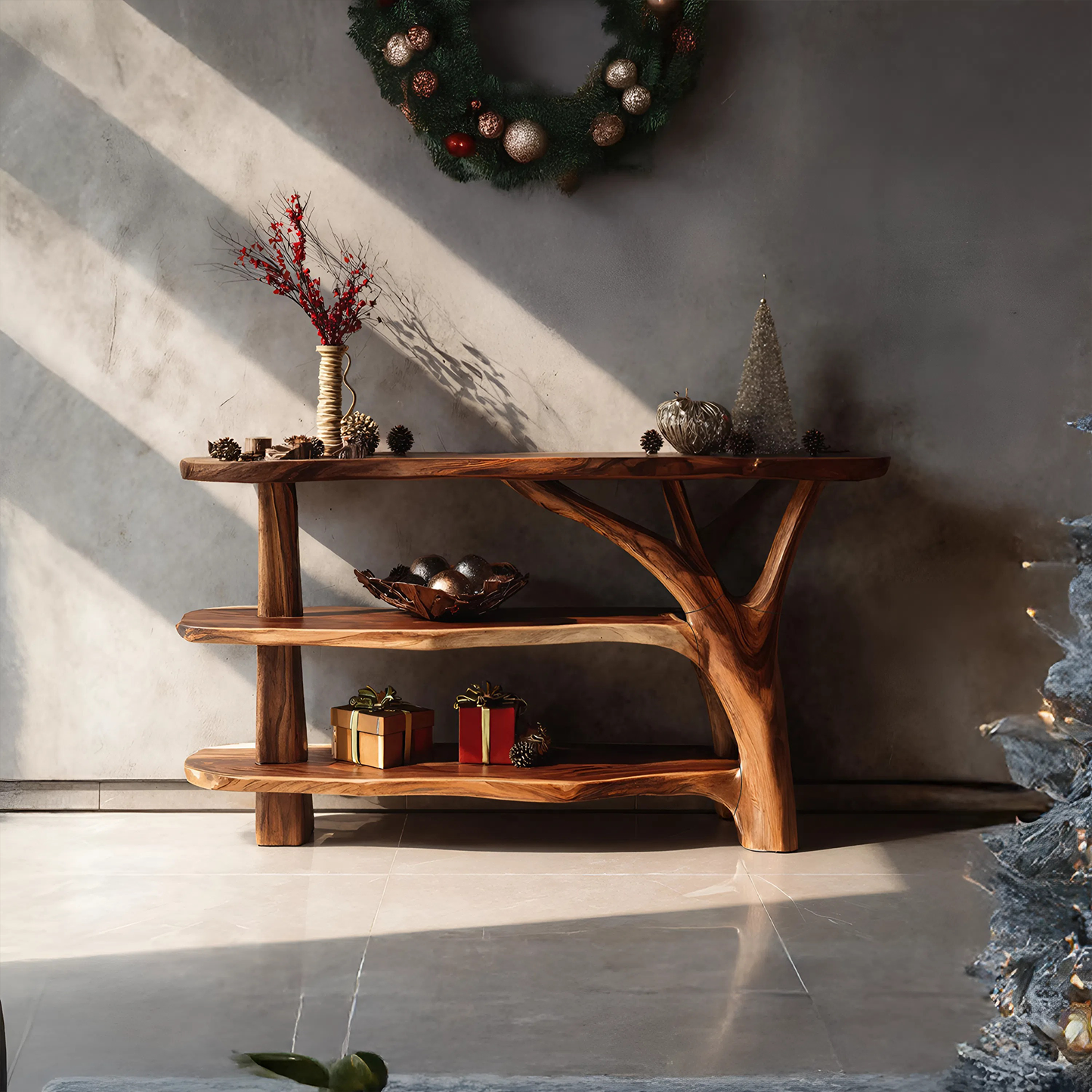 Farmhouse Wooden Live Edge Console Table For Holiday Living Room Decor