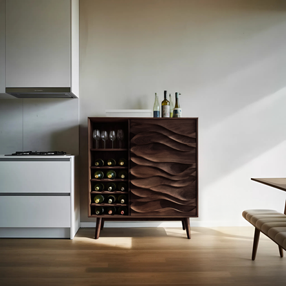 Sculptural Wine Cabinet With Wave Carved Doors For Kitchen